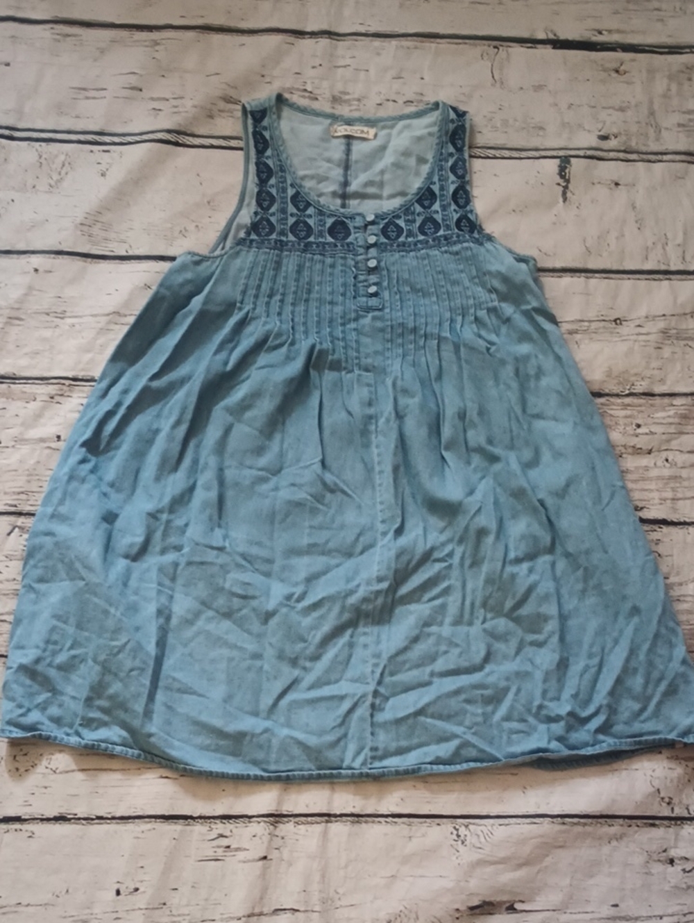 Volcom Light Blue Chambray Embroidered Darted Mini Babydoll Dress S Boho Western